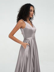 A-line V-neck Max Satin Dresses with Pockets-Silver