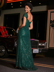 Cap Sleeves Fitted Sequin Gown Dark Green
