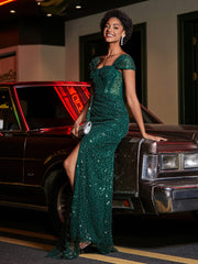Cap Sleeves Fitted Sequin Gown Dark Green