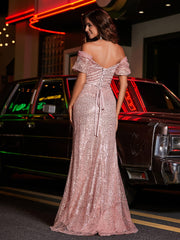 Cap Sleeves Fitted Sequin Gown Dusty Rose