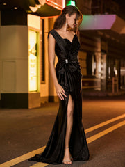 Off-the-shoulder Sleeveless Ruched Dress with Bow Black