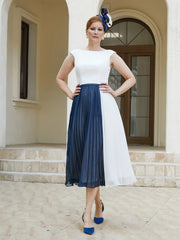 Scoop-neck Sleeveless Tea-Length Dress Navy Blue