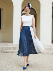 Scoop-neck Sleeveless Tea-Length Dress Navy Blue