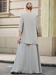 Scoop Lace Top and Chiffon A-line Skirt Two-piece Set Silver