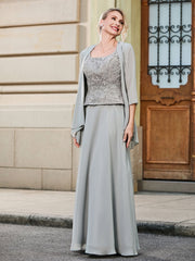 Scoop Lace Top and Chiffon A-line Skirt Two-piece Set Silver