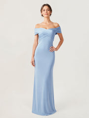 Crepe Off-the-Shoulder Column Gown with Ruched Bodice Sky Blue