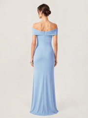 Crepe Off-the-Shoulder Column Gown with Ruched Bodice Sky Blue