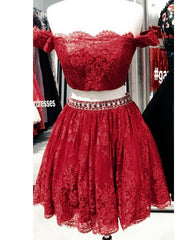 Elegant Off Shoulder Lace Homecoming Dresses Two Piece