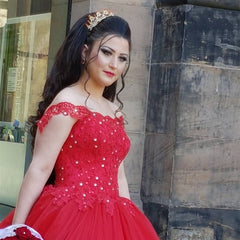 Red Lace Off Shoulder Tulle Ball Gowns Wedding Dresses