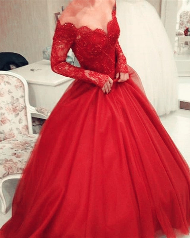 Red Long Sleeve Quinceanera Dresses Ball Gown Appliques
