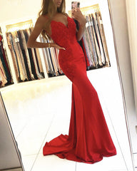 Elegant V Neck Appliques Satin Mermaid Open Back Dresses