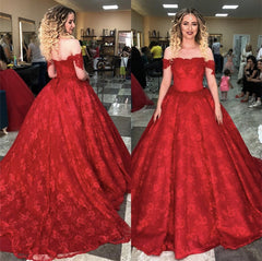 Red Off Shoulder Ball Gowns Lace Wedding Dresses
