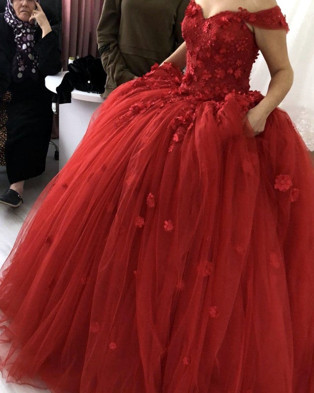 Red Quinceanera Dresses Off The Shoulder Ball Gown With 3D Flowers