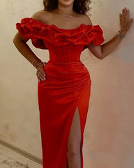 Red Midi Bridesmaid Dresses Split Off Shoulder