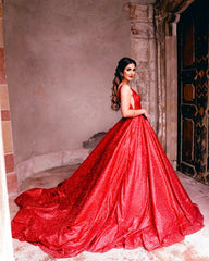 Red Wedding Dresses Sequin V Neck Ball Gowns