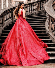 Red Wedding Dresses Sequin V Neck Ball Gowns