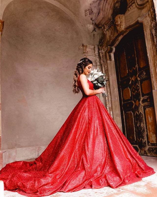 Red Wedding Dresses Sequin V Neck Ball Gowns