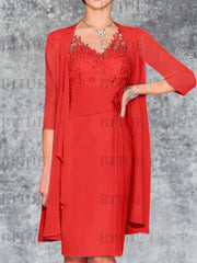 Two Piece Ruffle Chiffon Mother of the Bride Outfit Lace Short Wedding Guest Dress