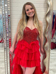 Red Beaded High Low Prom Dresses, Red High Low Formal Graduation Dresses