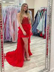 Red Beaded High Low Prom Dresses, Red High Low Formal Graduation Dresses