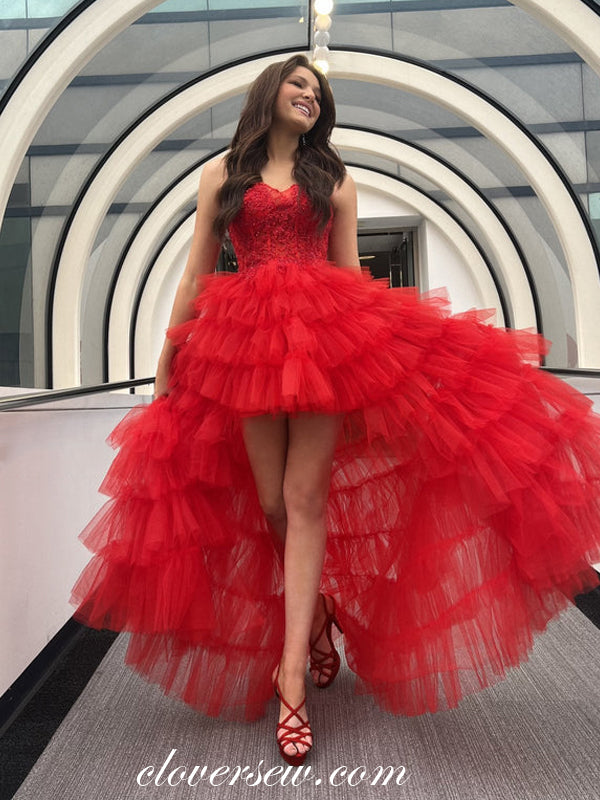 Red Beads Lace Sweetheart Tulle Strapless Tiered High Low Prom Dresses, CP1107