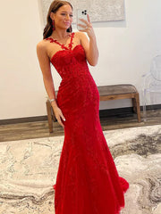 Red Blue Pink Mermaid Lace Prom Dresses, Mermaid Red Blue Pink Lace Formal Evening Dresses