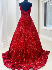 Red Blue Square Neck Sequin Long Prom Dresses, Red Blue Long Formal Evening Dresses