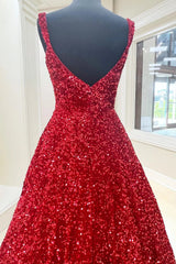Red Blue Square Neck Sequin Long Prom Dresses, Red Blue Long Formal Evening Dresses