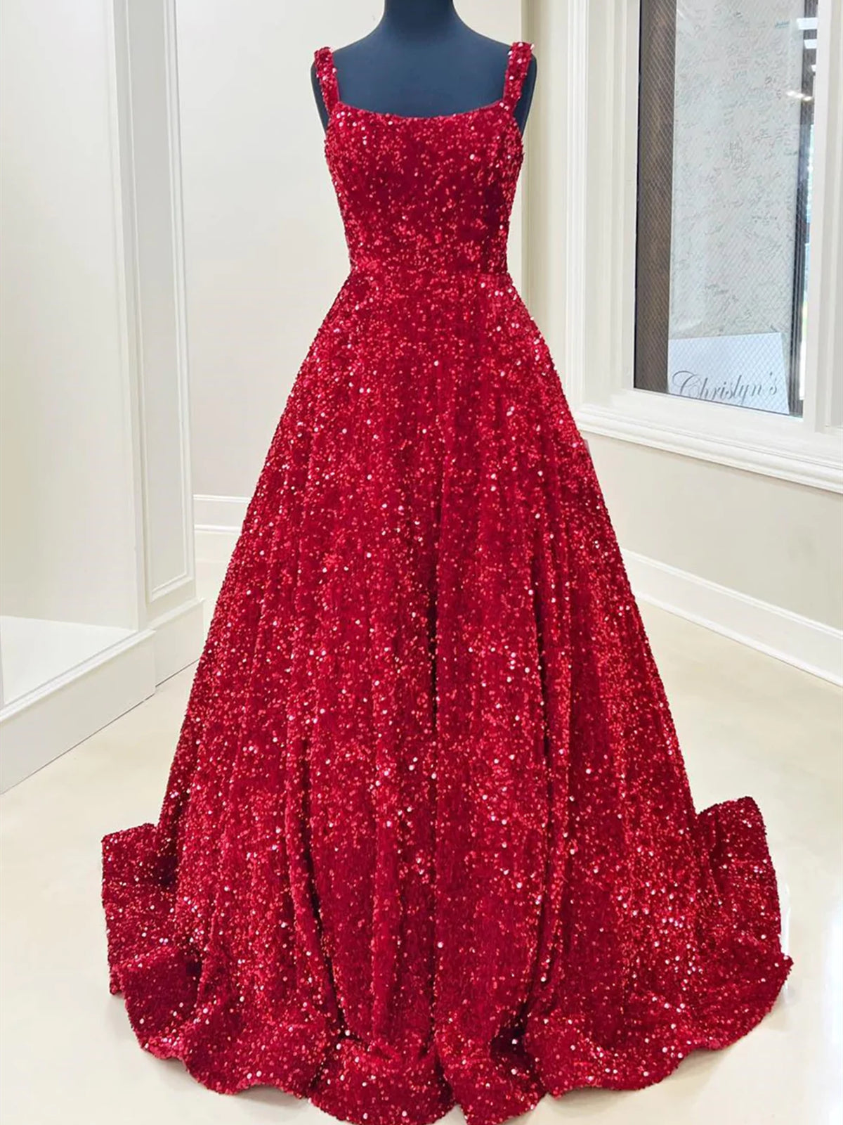Red Blue Square Neck Sequin Long Prom Dresses, Red Blue Long Formal Evening Dresses