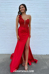 Red Lace Applique 3D Flowers One Shoulder Mermaid With Slit Prom Dresses, CP1134