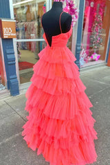 Red Layers A-line Plunging V Neck Long Prom Dress TP1267