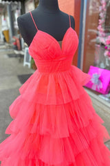 Red Layers A-line Plunging V Neck Long Prom Dress TP1267