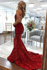 Red Mermaid Formal Dresses Sequins V Neck Long Prom Dresses 2024