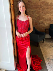 Red Mermaid Lace Prom Dresses, Red Mermaid Lace Formal Evening Dresses