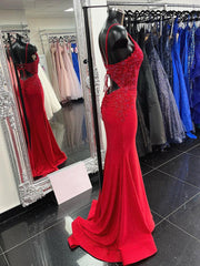 Red Mermaid Lace Prom Dresses, Red Mermaid Lace Formal Evening Dresses
