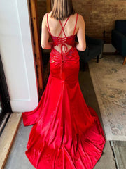 Red Mermaid Lace Prom Dresses, Red Mermaid Lace Formal Evening Dresses