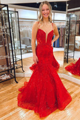 Red Mermaid Spaghetti Straps Sequin Applique Long Prom Dress