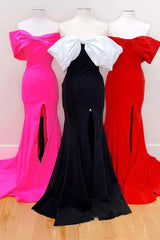 Red Off the Shoulder Bow Mermaid Satin Long Prom Dress with Slit