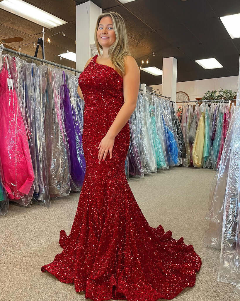 Red Plus Size Sequin Iridescent Prom Dresses One Shoulder Long Formal Dress Mermaid