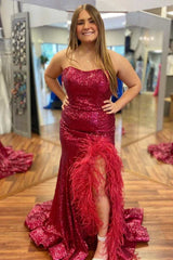 Red Plus Size Sequin Long Prom Dresses Mermaid Strapless Slit with Feather