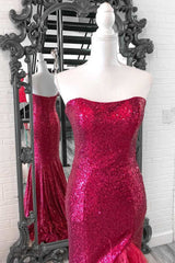 Red Plus Size Sequin Long Prom Dresses Mermaid Strapless Slit with Feather