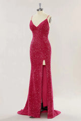 Custom Red Prom Dress Sequins Mermaid Long Evening Dress with Slit