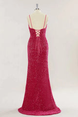 Custom Red Prom Dress Sequins Mermaid Long Evening Dress with Slit