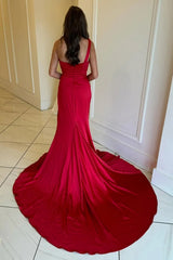 Red Ruched One Shoulder Mermaid Long Prom Dress with Slit