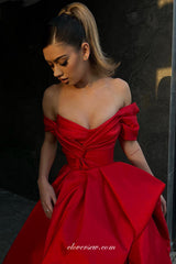 Red Satin Off The Shoulder Bubble A-line Prom Dresses CP0943, CP0943