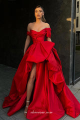 Red Satin Off The Shoulder Bubble A-line Prom Dresses CP0943, CP0943