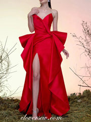 Red Satin Pleating Ruffles Strapless Column Formal Dresses, CP0771