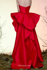 Red Satin Pleating Ruffles Strapless Column Formal Dresses, CP0771
