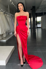 Red Satin Pleating Sheath With High Slit Fashion Prom Dresses, CP0939