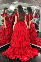 Red Satin Sleeveless V-neck Tiered A-line With Side Slit Prom Dresses, CP1126